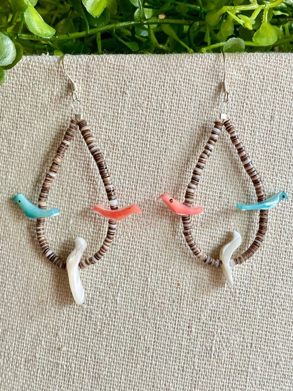 E3 Heishi bead multi-stone carved bird & shell sterling silver dangle earrings